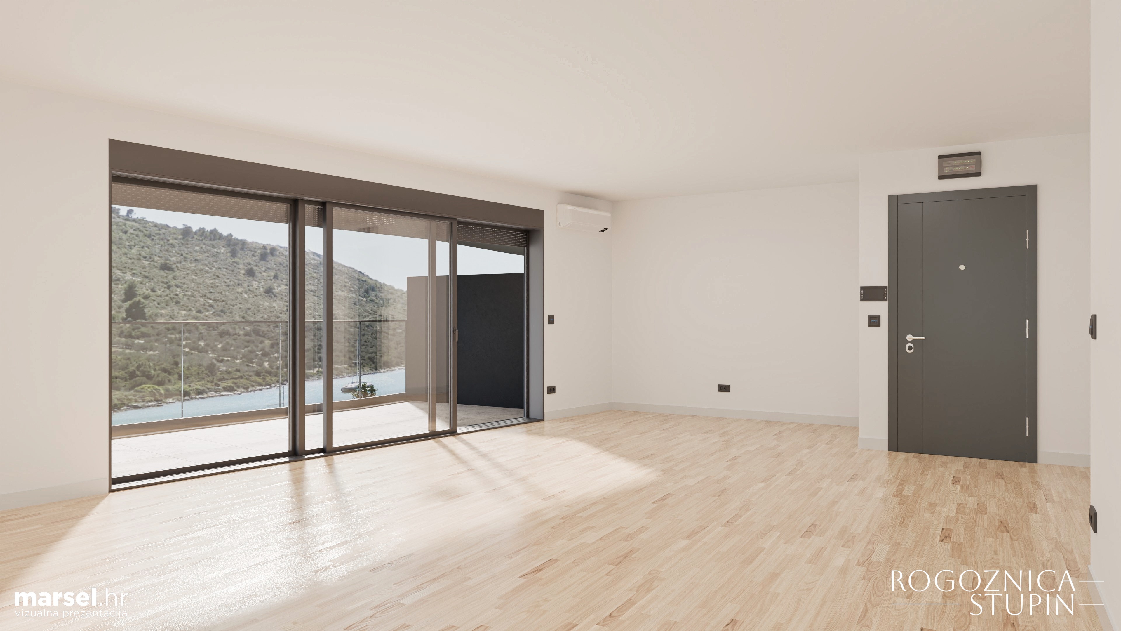 Vizualizacija interijera apartmana u novogradnji Rogoznica Stupin. Prostrani i svijetli unutarnji prostori s pogledom na more, idealni za stanovanje ili investiranje u apartman na dalmatinskoj obali.